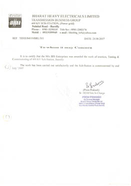 Completion Certificate BHEL (Bareilly)