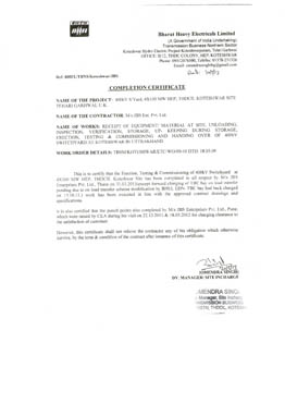Completion Certificate BHEL Koteshwar ETC